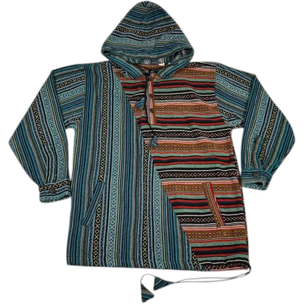 Earthbound Mexican Baja Hoodie Hippie Sweater Patchwork Men's M Festival Rave